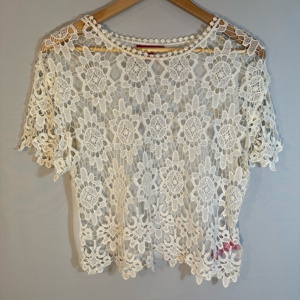 Derek Heart Women Blouse Front Lace Short Sleeves Side Slits Cream Ivory Size XL - Picture 10 of 11